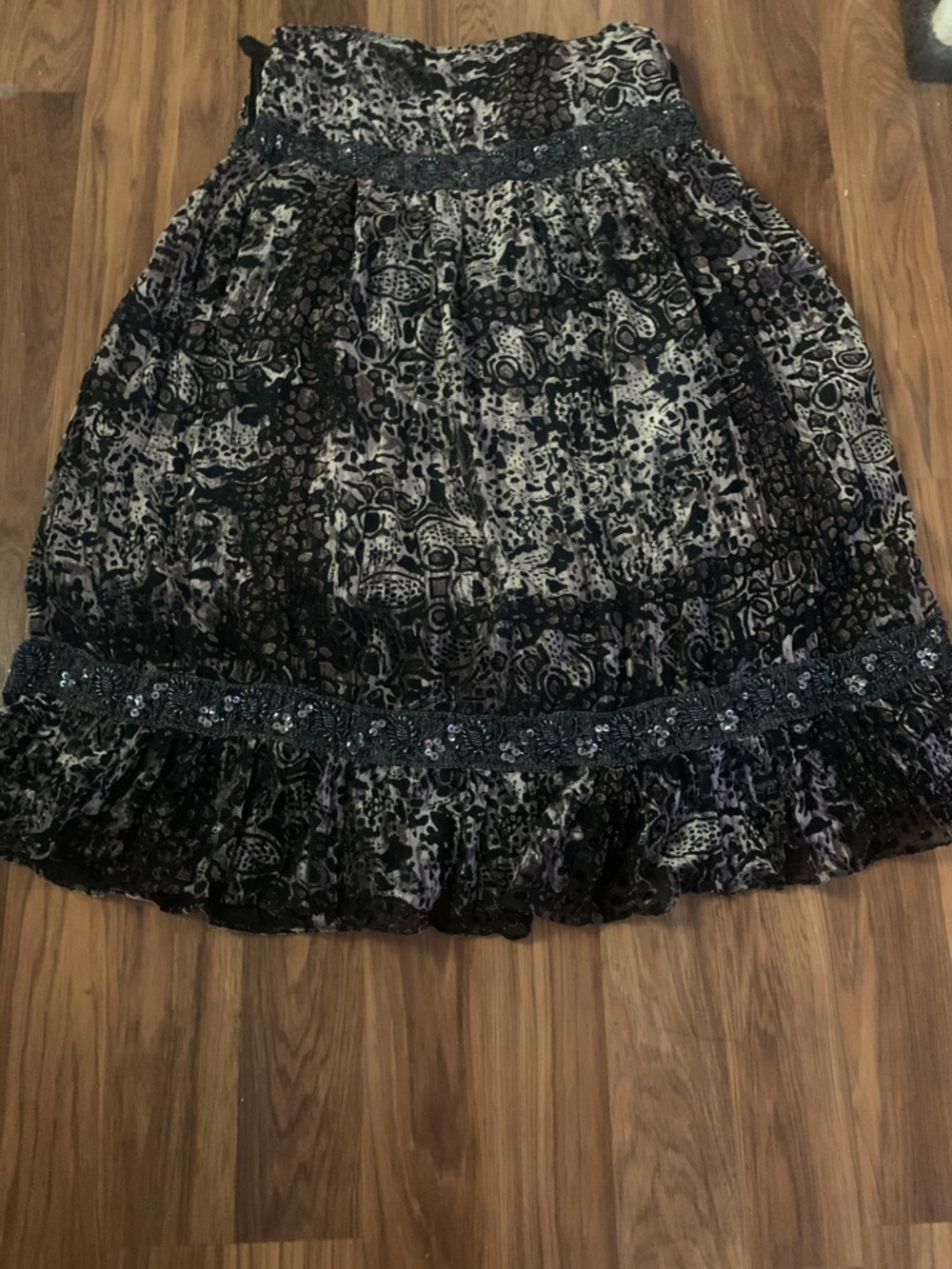 Tiered A-Line Midi Skirt in Black and Gray Velvet and Sequins